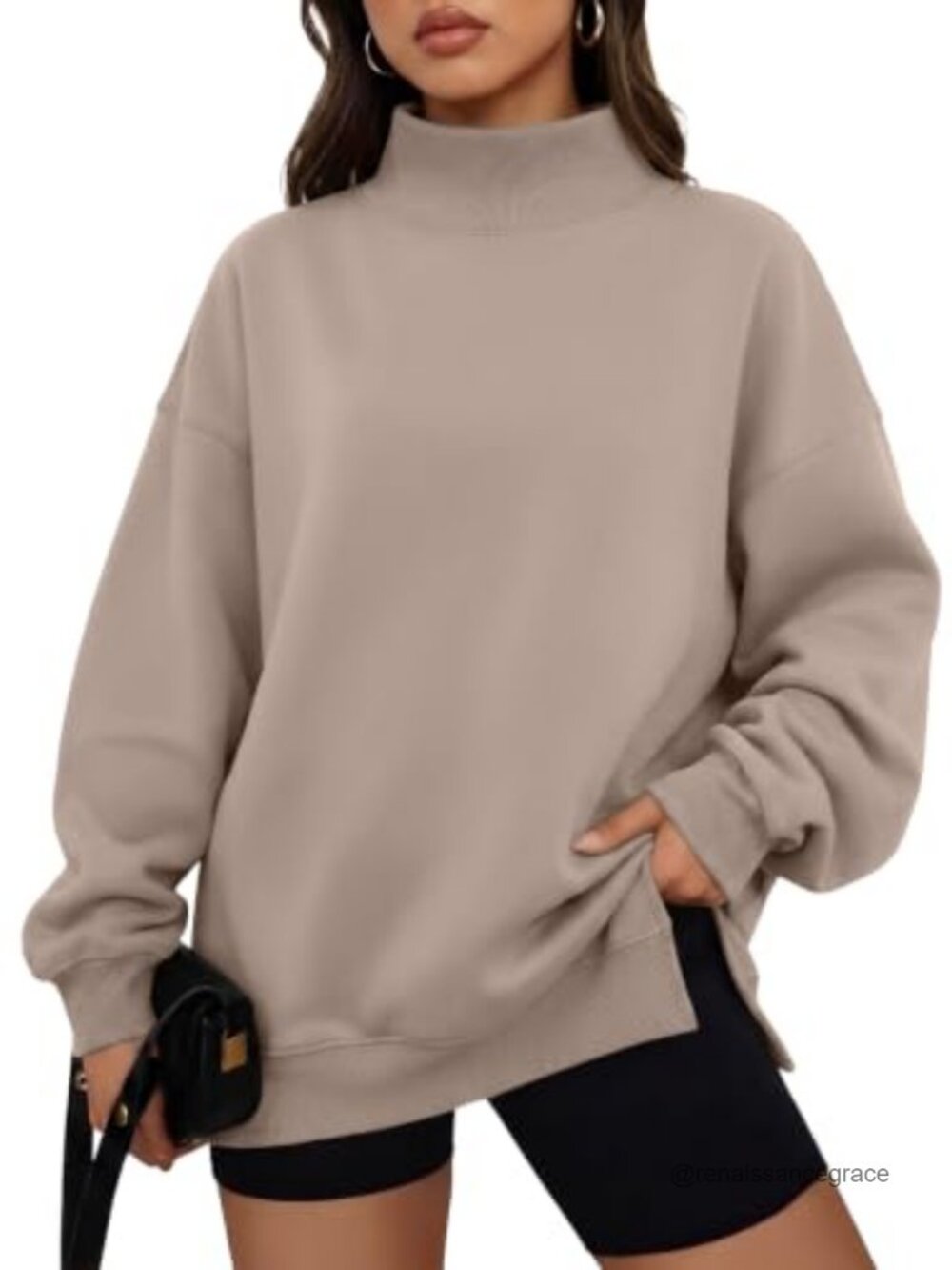 Mock Neck Oversized Fleece Sweatshirt Pullover Cotton Polyester